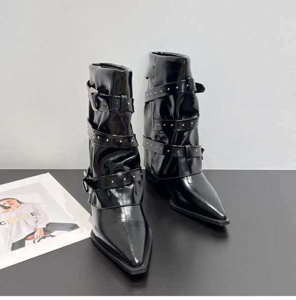 High-heeled Elegant Shaft-style Studded Belt-buckle Fashion Ankle Boots - Image 18
