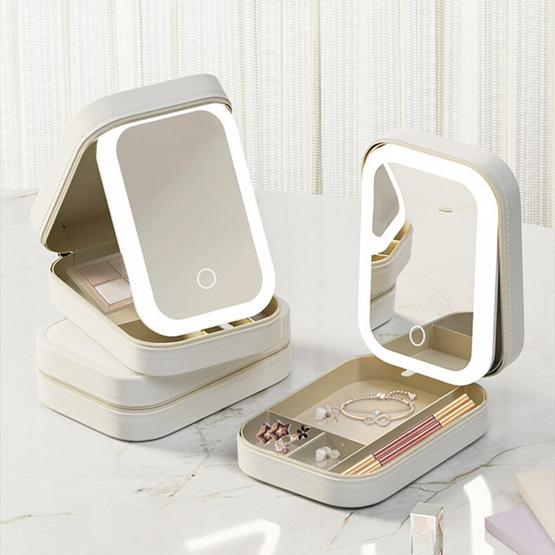 Makeup Storage Box With LED Light Mirror Portable Travel Makeup Cosmetics Storage Box Touch Light Storage Organizer - Image 1