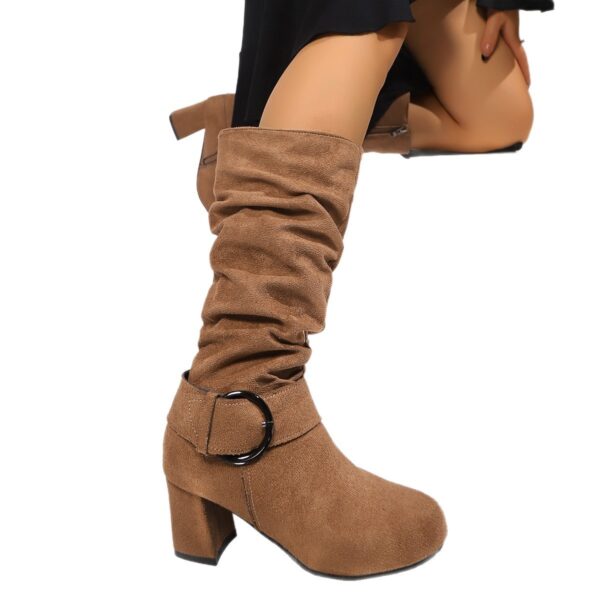 Suede High-heeled Chunky-heel Womens Boots With A Belt Buckle For Export - Image 2