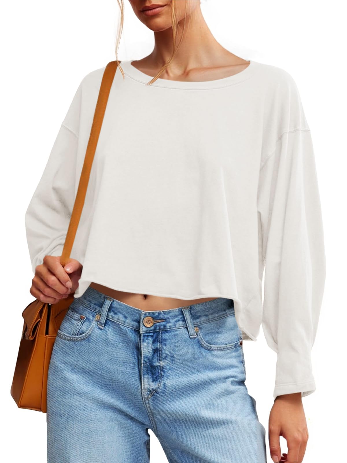 Fisoew Womens Long Sleeve Crop Tops Loose Fit Crew Neck Cropped T Shirts 2025 Casual Workout Tee Shirt Tops - Image 35