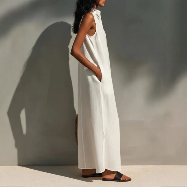 White Sleeveless Hollow-out V-Neck Long Loose Dress - Image 4