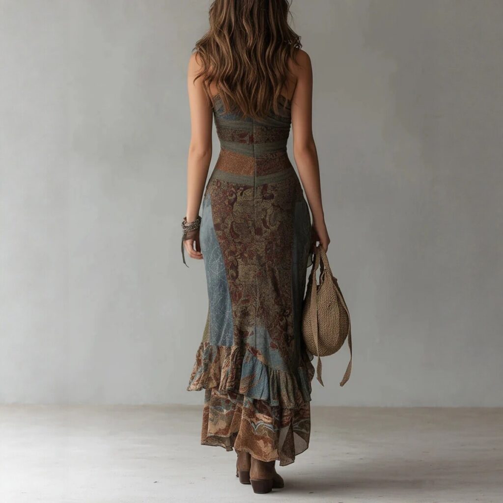 Retro Patchwork Printed Asymmetrical Long-Slit Dress