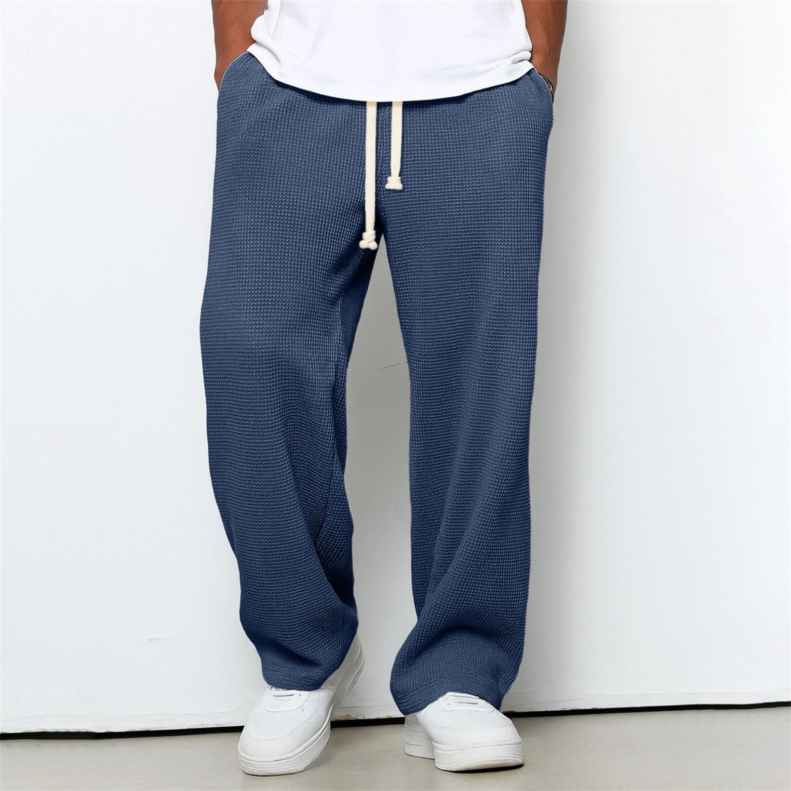 Mens Relaxed-fit Waffle-knit Wide-leg Athleisure Pants - Image 67