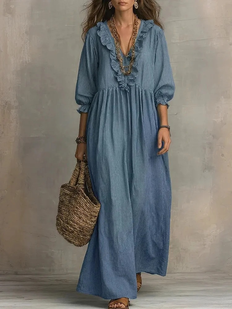 Womens Striped Ruffle-Trimmed Loose High-Waist V-Neck Dress - Image 16