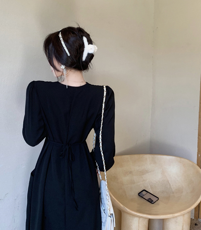 Elegant Long Sleeve V Neck Solid Color Dress - Image 10