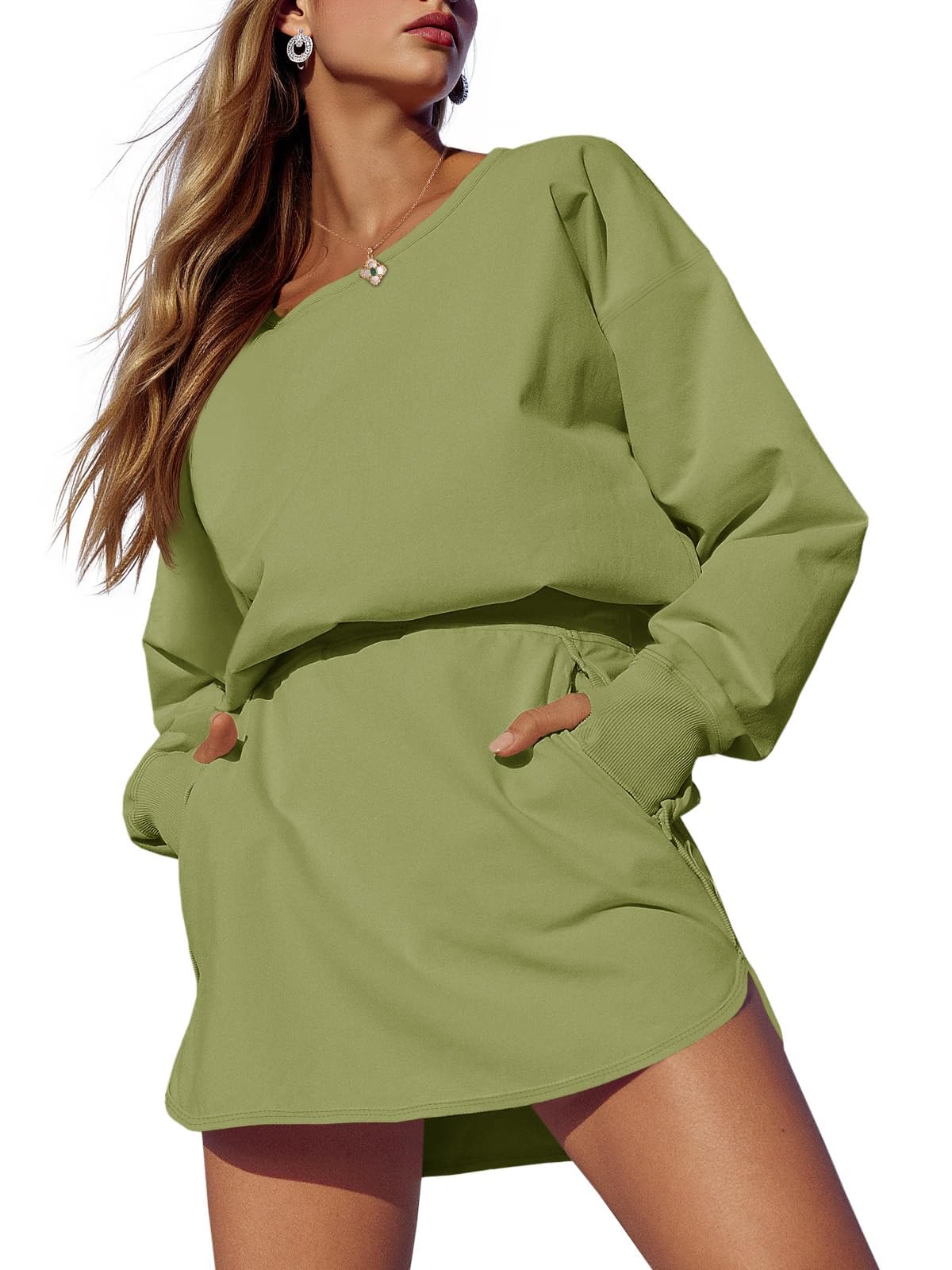 Fisoew Womens Long Sleeve Athletic Dress Backless Keyhole Built-in Shorts Oversized Workout Active Dresses - Image 31