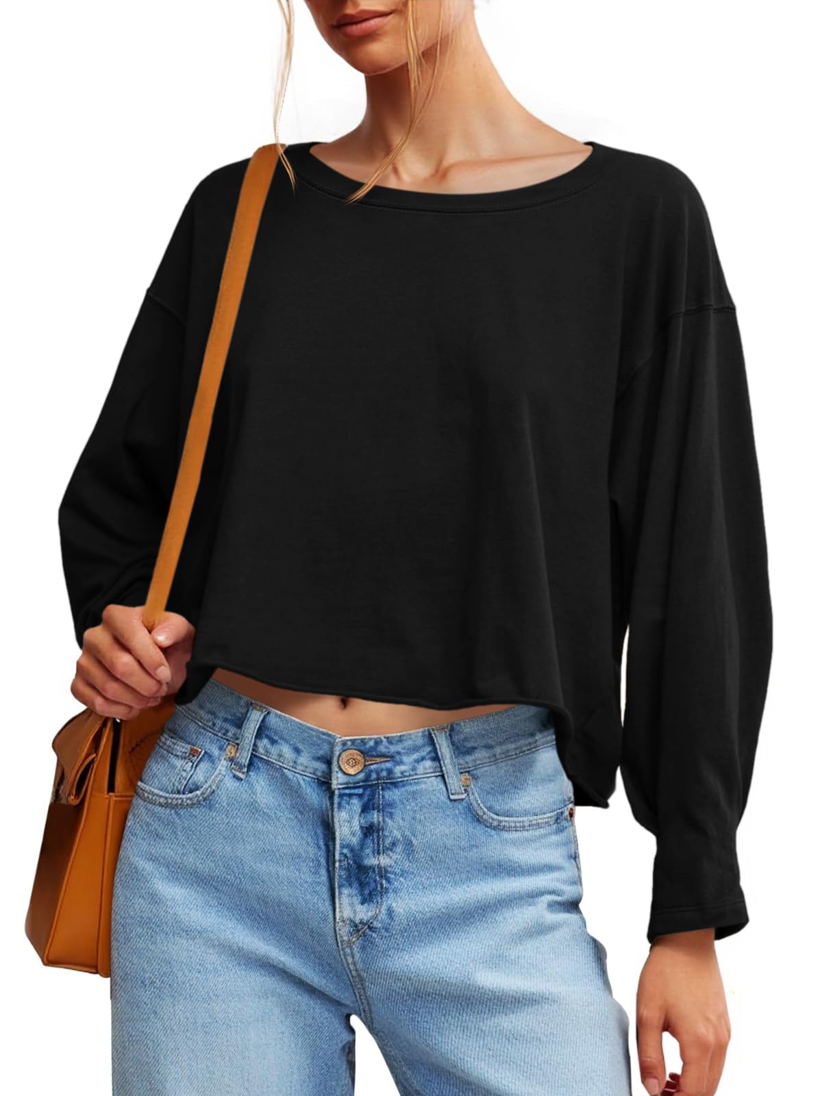 Fisoew Womens Long Sleeve Crop Tops Loose Fit Crew Neck Cropped T Shirts 2025 Casual Workout Tee Shirt Tops - Image 40