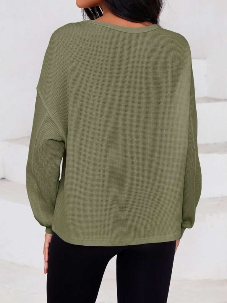 Fisoew Womens Cropped Sweatshirt Casual Waffle Knit Button V Neck Long Sleeve Loose Fit Fall Crop Tops