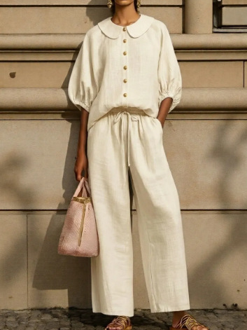 Fashionable Collar Shirt And Wide-Leg Pants Linen Two-Piece Set - Image 14
