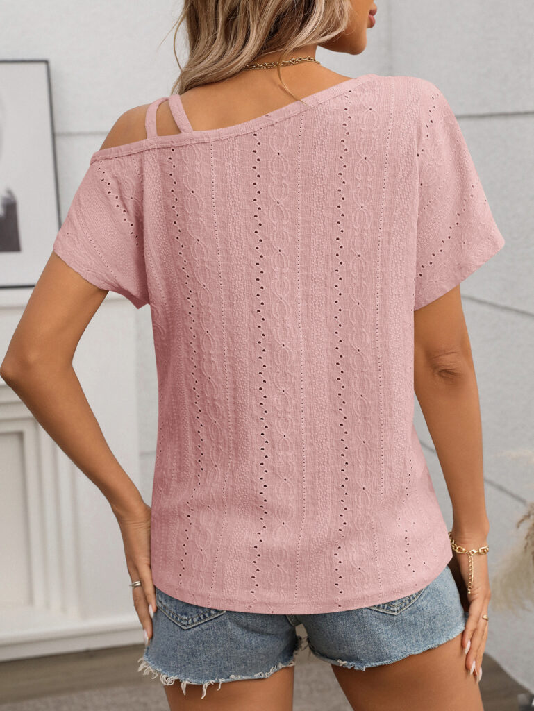One-shoulder Short-sleeve T-shirt Hollow-out Top For Women