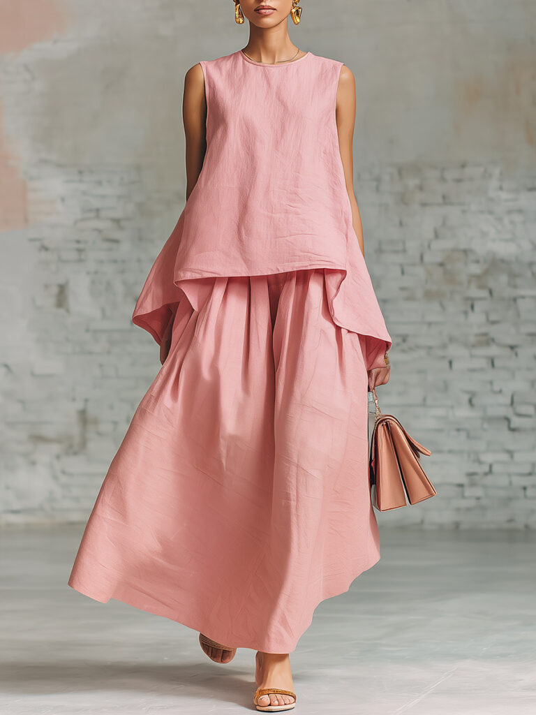 Elastic-waist Sleeveless Top With An Asymmetrical Hem And A Pleated Maxi Skirt