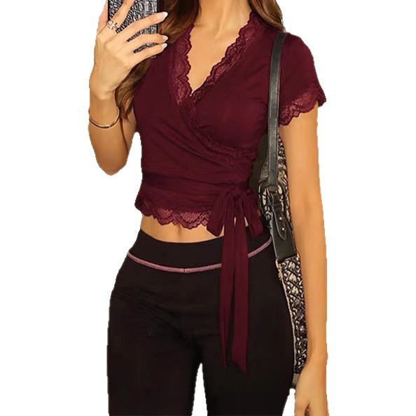Women's Sexy Lace Bandage Waist-Cinching Short Sleeve Top - Image 3