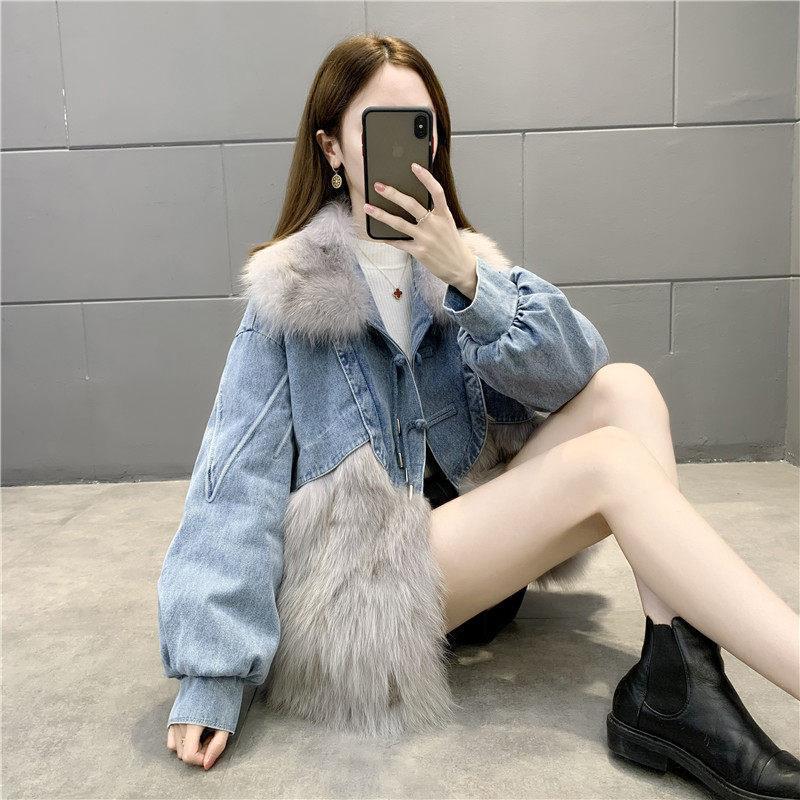 Denim Parka Womens Short Leather Faux Fox Fur Coat - Image 5