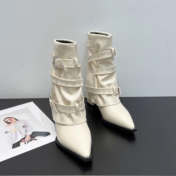 High-heeled Elegant Shaft-style Studded Belt-buckle Fashion Ankle Boots - Image 3