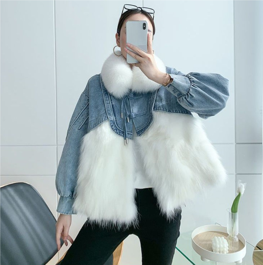 Denim Parka Womens Short Leather Faux Fox Fur Coat - Image 10