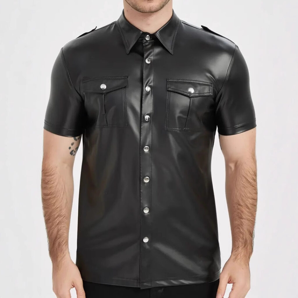 European And American-style Summer Casual Mens Patent Leather Tight-fitting Short-sleeve Top
