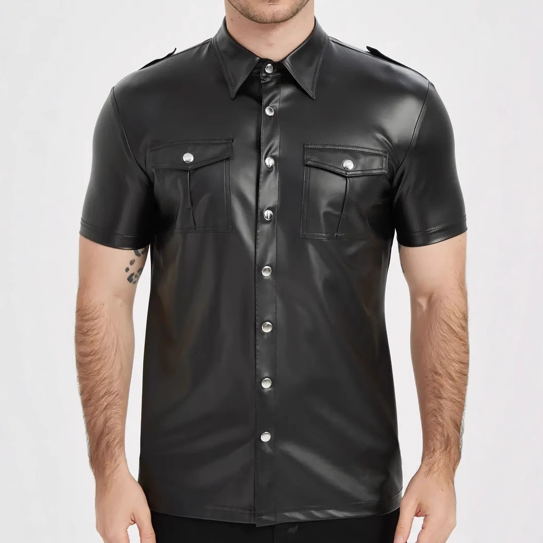 European And American-style Summer Casual Mens Patent Leather Tight-fitting Short-sleeve Top - Image 3