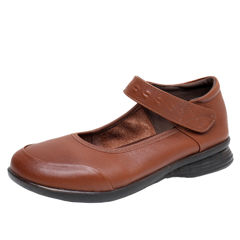 Genuine Leather Single-Strap Velcro Closure Plus-Size Round-Toe Flat Shoes - Image 5