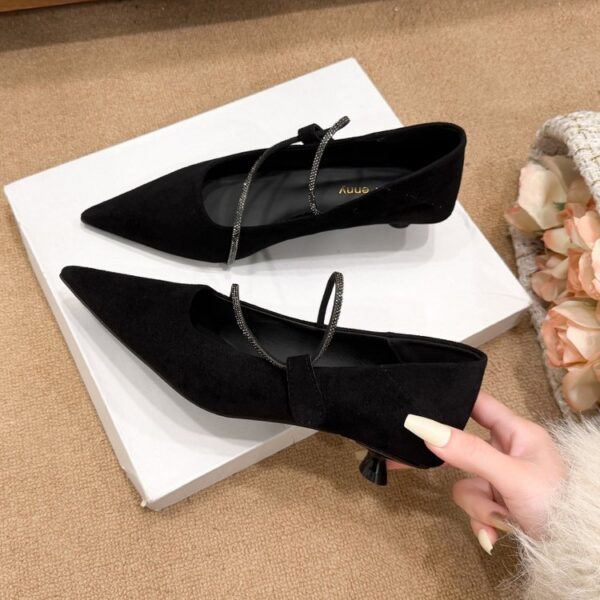 French Gentle Style Pointed Toe Kitten Heel Pumps With Rhinestone Strap - Image 3