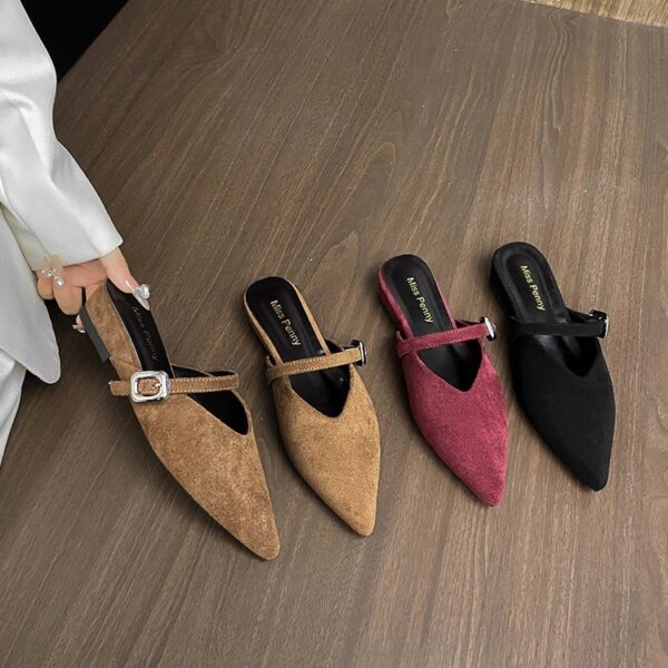 Women's Suede Pointed Toe Buckle Mule Slides - Image 2