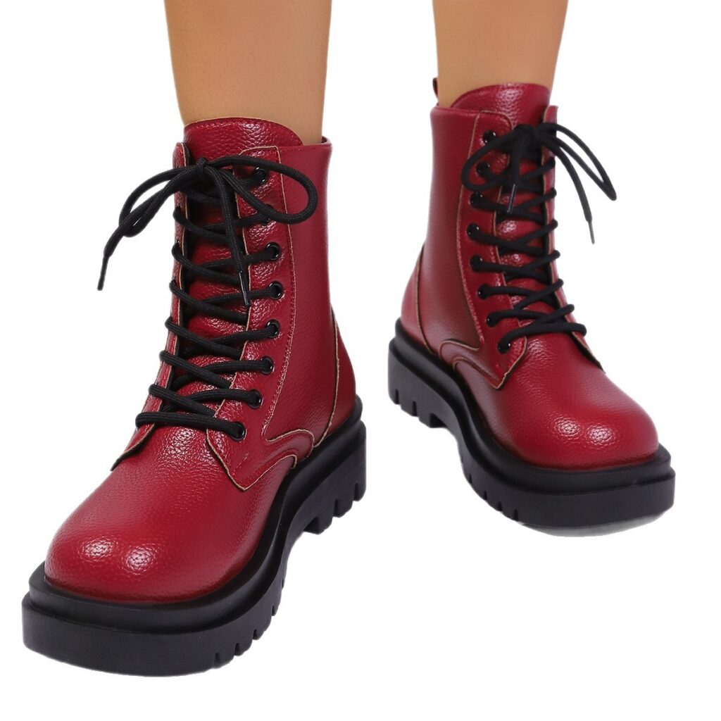 Women's Round-toe Plus-size Lace-up Chunky-sole Ankle Boots