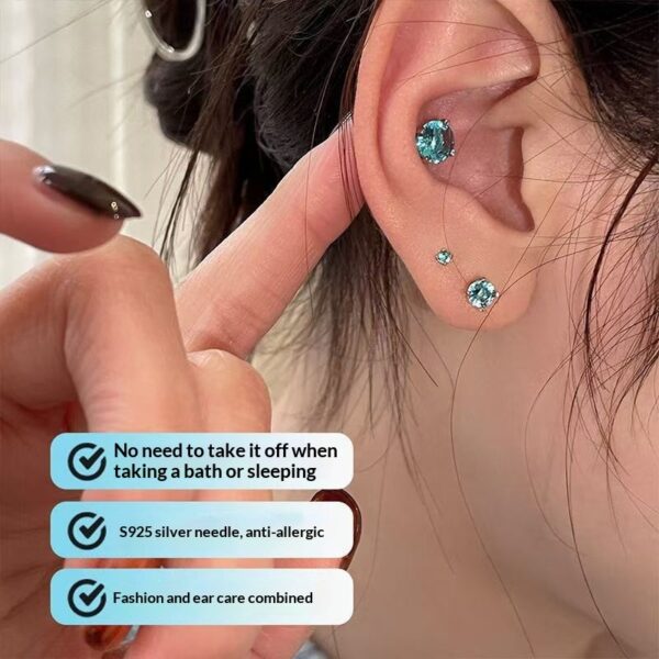 Titanium Steel Blue Zircon Four-Claw Threaded Earrings - Image 3