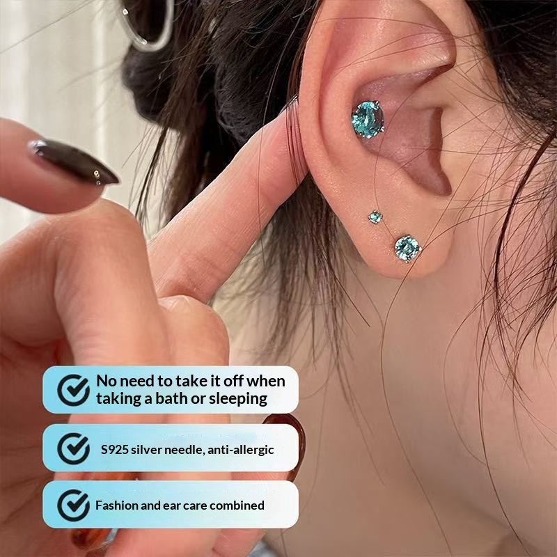 Titanium Steel Blue Zircon Four-Claw Threaded Earrings - Image 3