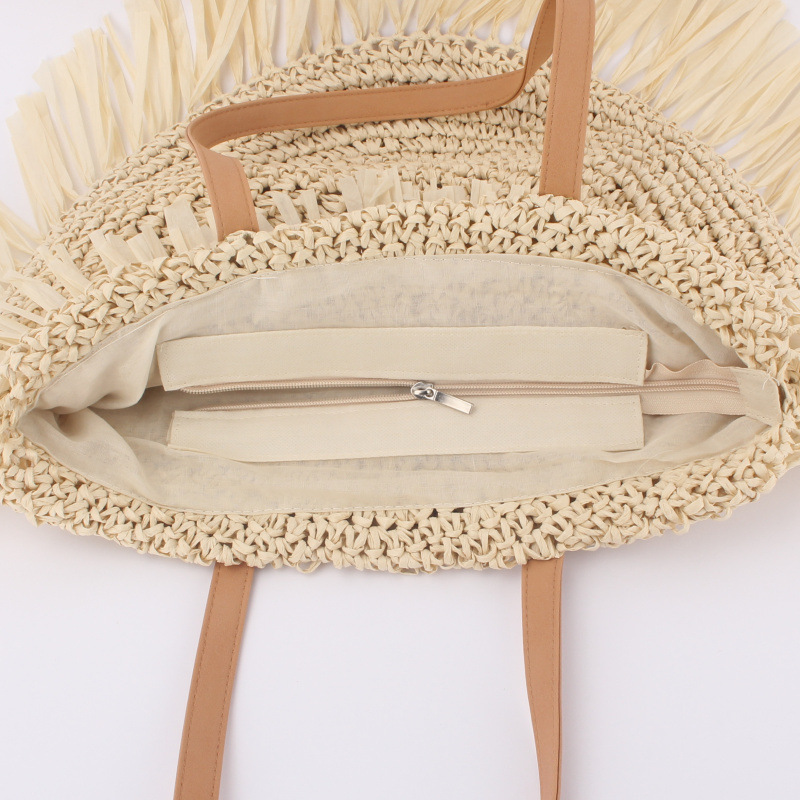 New Semi-circular Tassel Straw Shoulder Bag With Tassels And Paper Trim