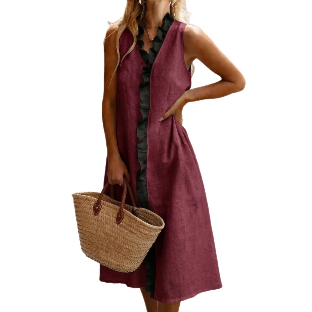 Lapel-trimmed Sleeveless Cotton-linen Midi Dress