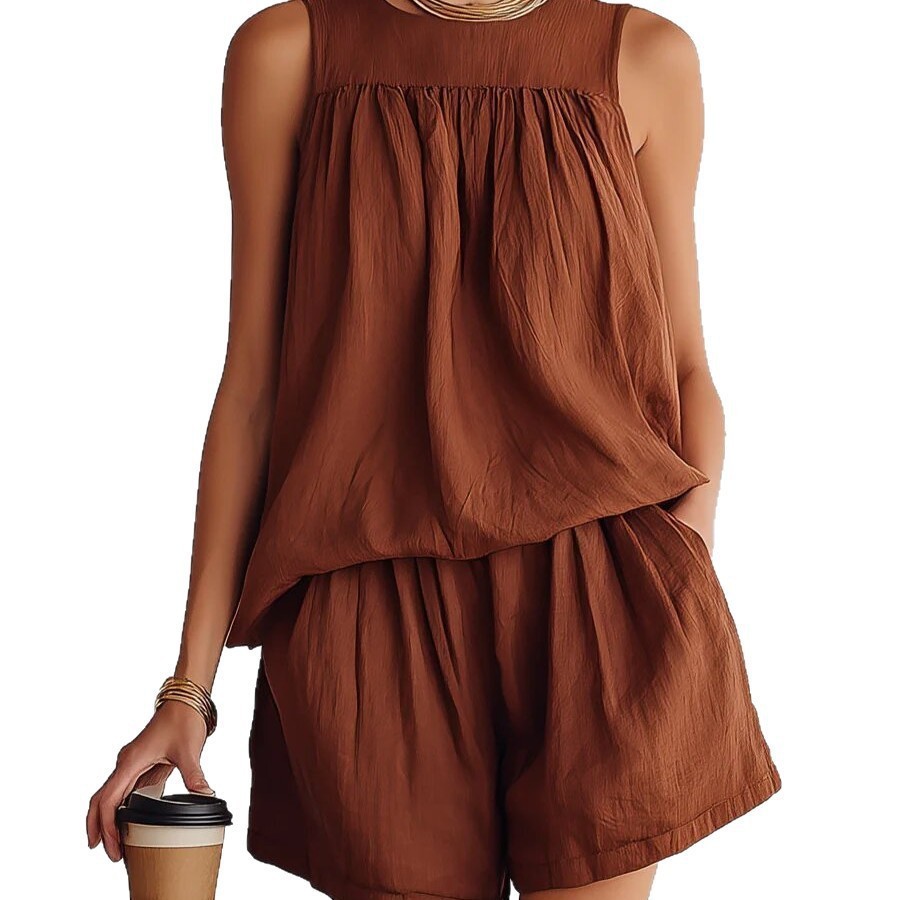Womens Fashionable Retro Cotton-Linen Sleeveless Top And Wide-Leg Shorts Set - Image 6