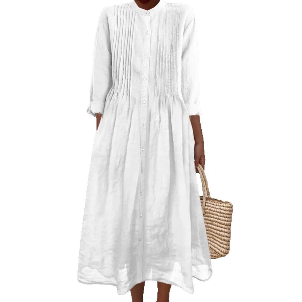 Long-sleeve Cotton-linen Womens Dress With A Shirt Collar