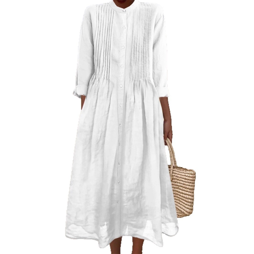 Long-sleeve Cotton-linen Womens Dress With A Shirt Collar - Image 5