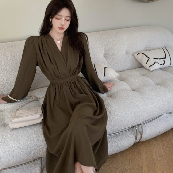 Elegant Long Sleeve V Neck Solid Color Dress - Image 6