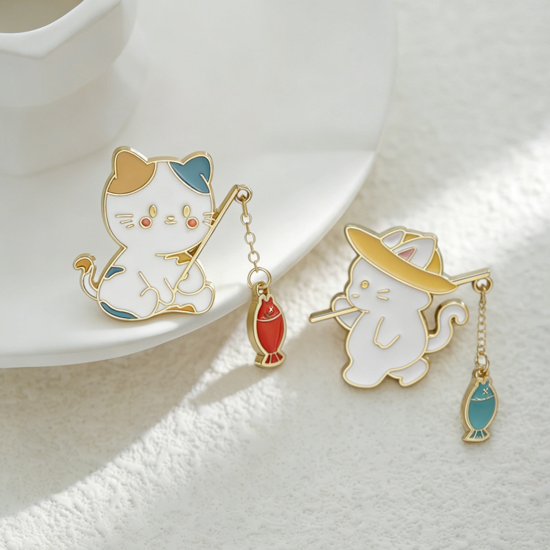Cute Cat Fishing Creative Couple Brooch - Image 1