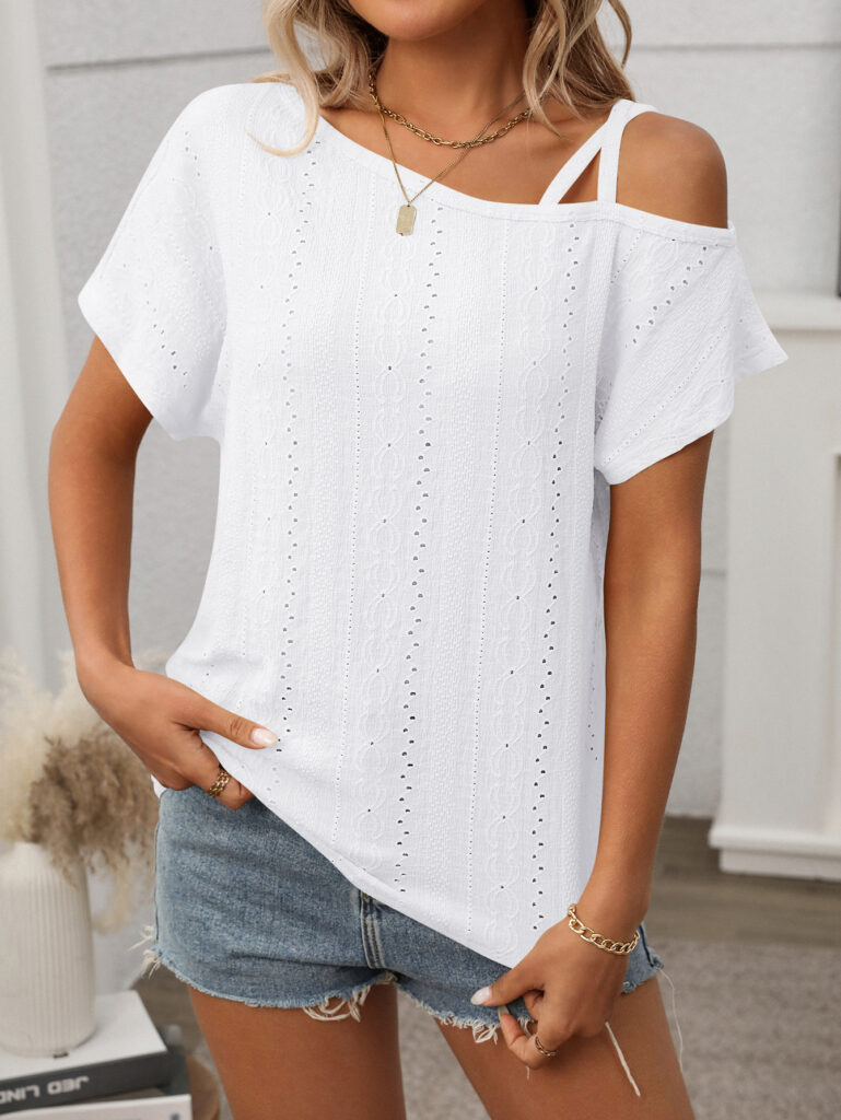 One-shoulder Short-sleeve T-shirt Hollow-out Top For Women