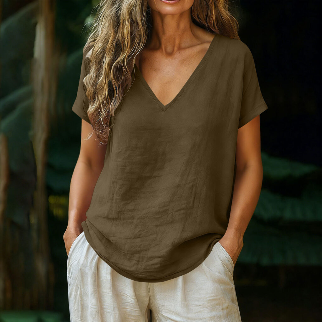 Women's Cotton-Linen Short-Sleeve V-Neck Pullover Top