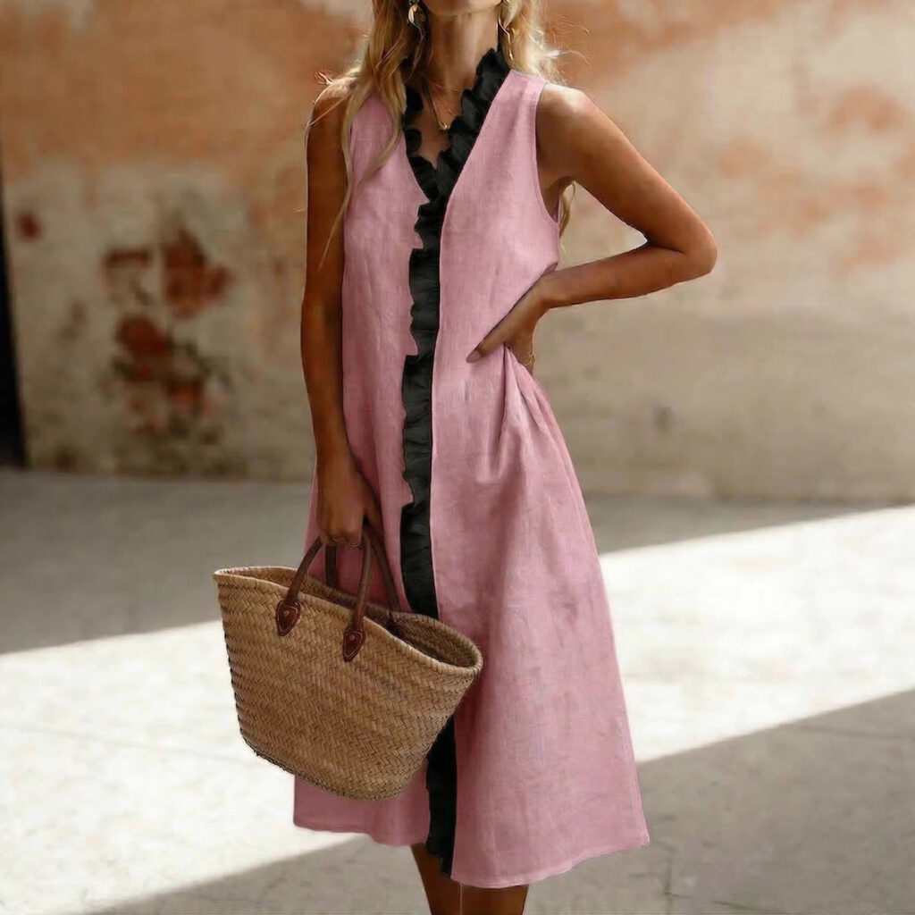Lapel-trimmed Sleeveless Cotton-linen Midi Dress