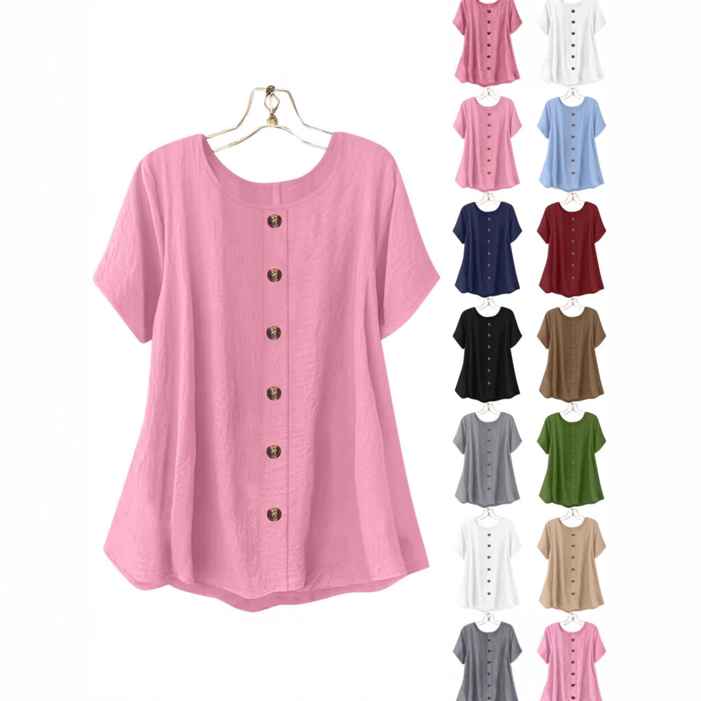 Decorative Girl Button Solid Color Short-Sleeve Crewneck T-Shirt Top