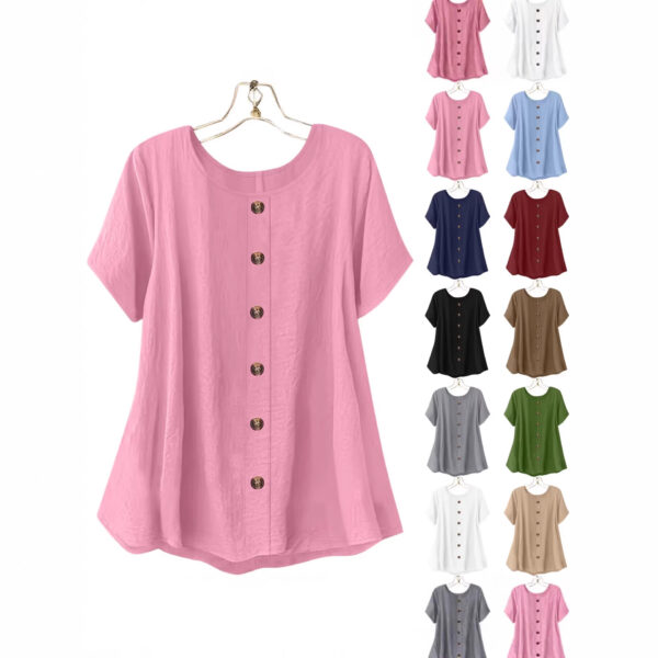 Decorative Girl Button Solid Color Short-Sleeve Crewneck T-Shirt Top - Image 3