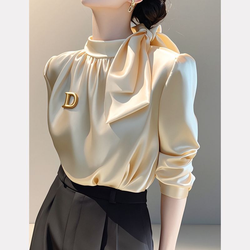 Champagne Satin Long-sleeve Shirt With A Bow-tie Tie-up Top - Image 11