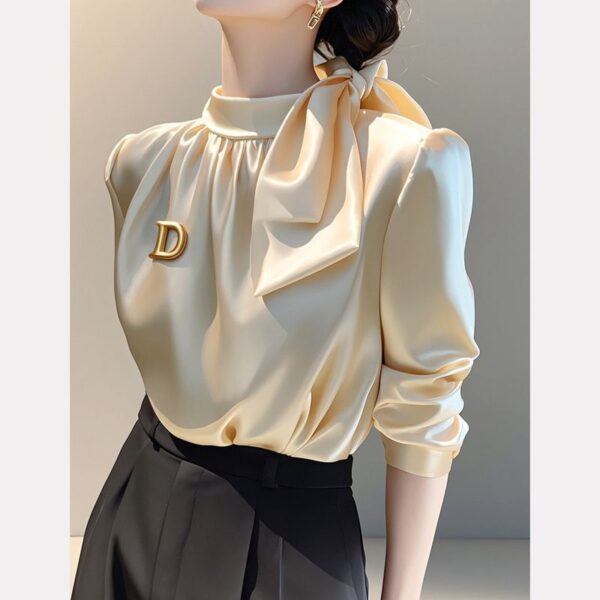 Champagne Satin Long-sleeve Shirt With A Bow-tie Tie-up Top - Image 14