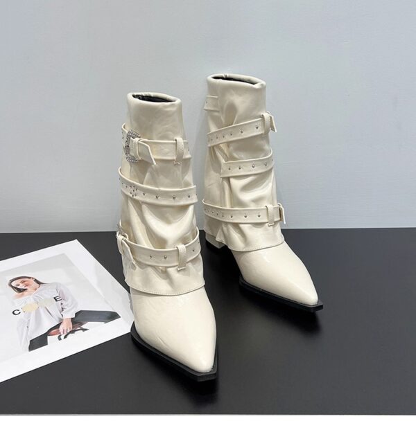 High-heeled Elegant Shaft-style Studded Belt-buckle Fashion Ankle Boots - Image 21