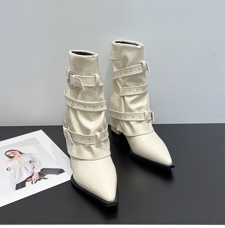 High-heeled Elegant Shaft-style Studded Belt-buckle Fashion Ankle Boots