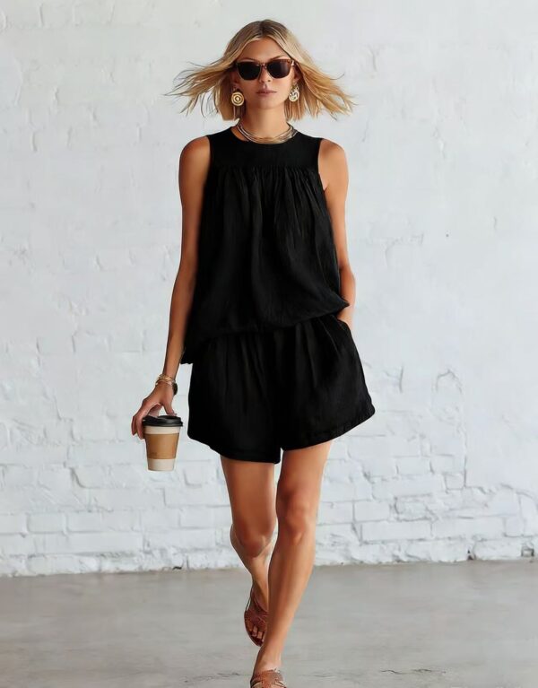 Womens Fashionable Retro Cotton-Linen Sleeveless Top And Wide-Leg Shorts Set - Image 11