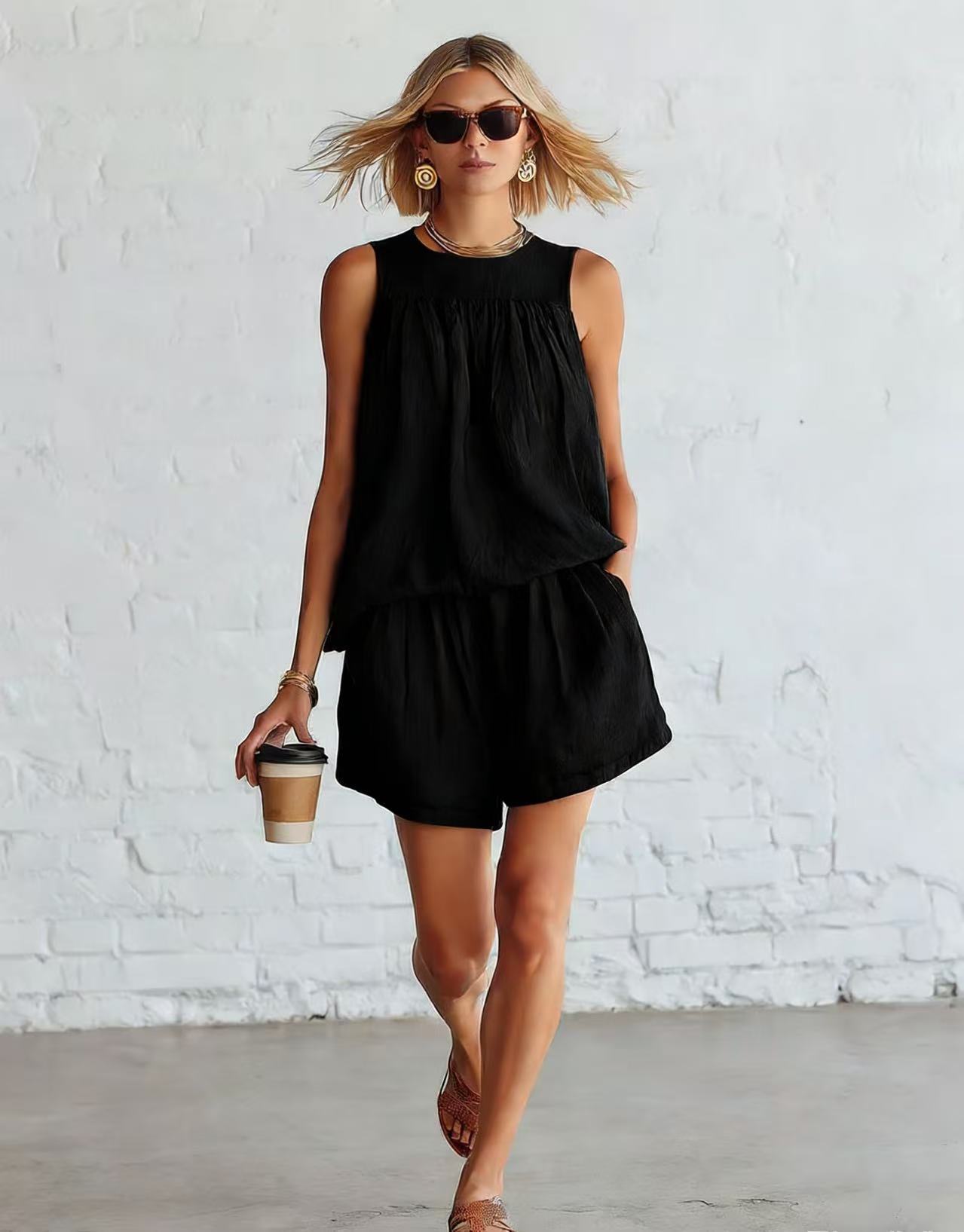 Womens Fashionable Retro Cotton-Linen Sleeveless Top And Wide-Leg Shorts Set - Image 5