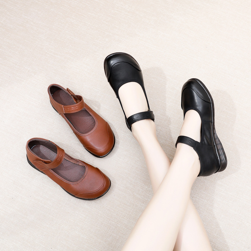 Genuine Leather Single-Strap Velcro Closure Plus-Size Round-Toe Flat Shoes - Image 3