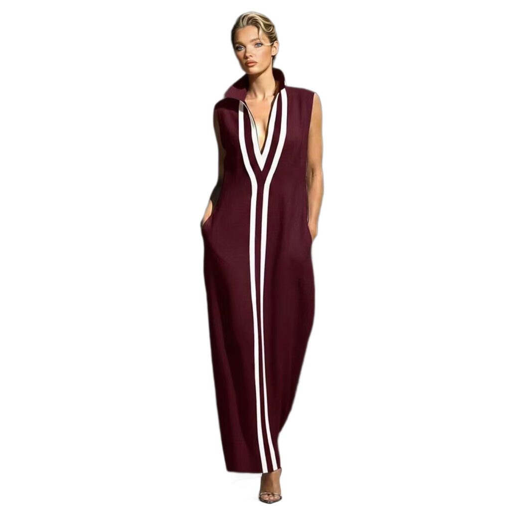 V-neck Sleeveless Contrast-striped Maxi Dress