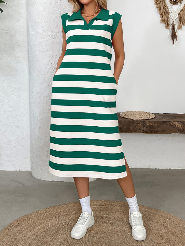 Striped Pocketed Lapel Sleeveless Maxi Dress