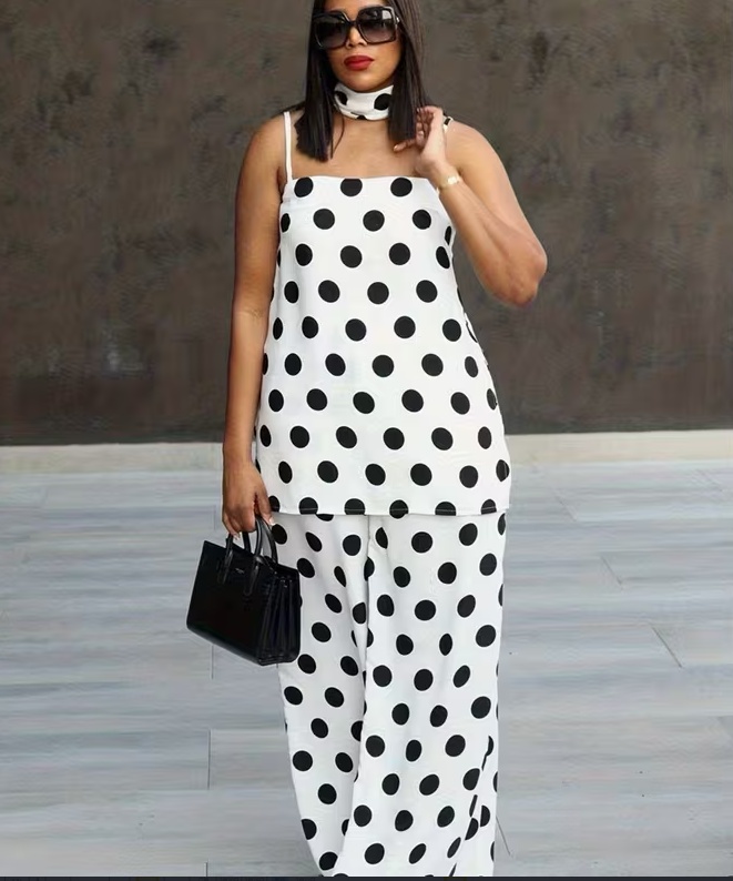 Large Size Polka Dot Suspender Wide Leg Pants Set - Image 6