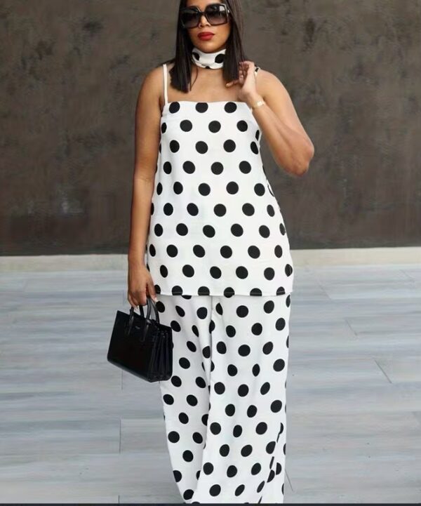 Large Size Polka Dot Suspender Wide Leg Pants Set